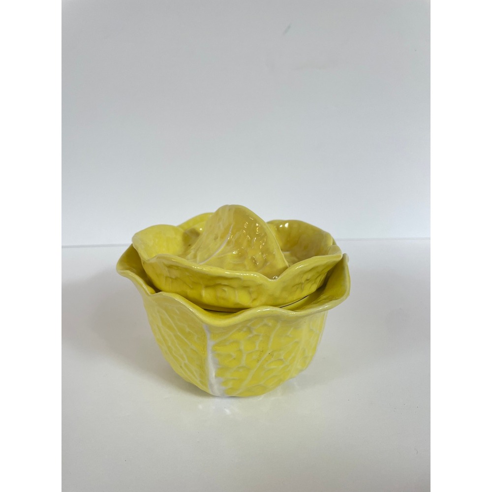 Vintage‎ Yellow Cabbage Leaf Ceramic Lidded Sugar Bowl Majolica Style Jar